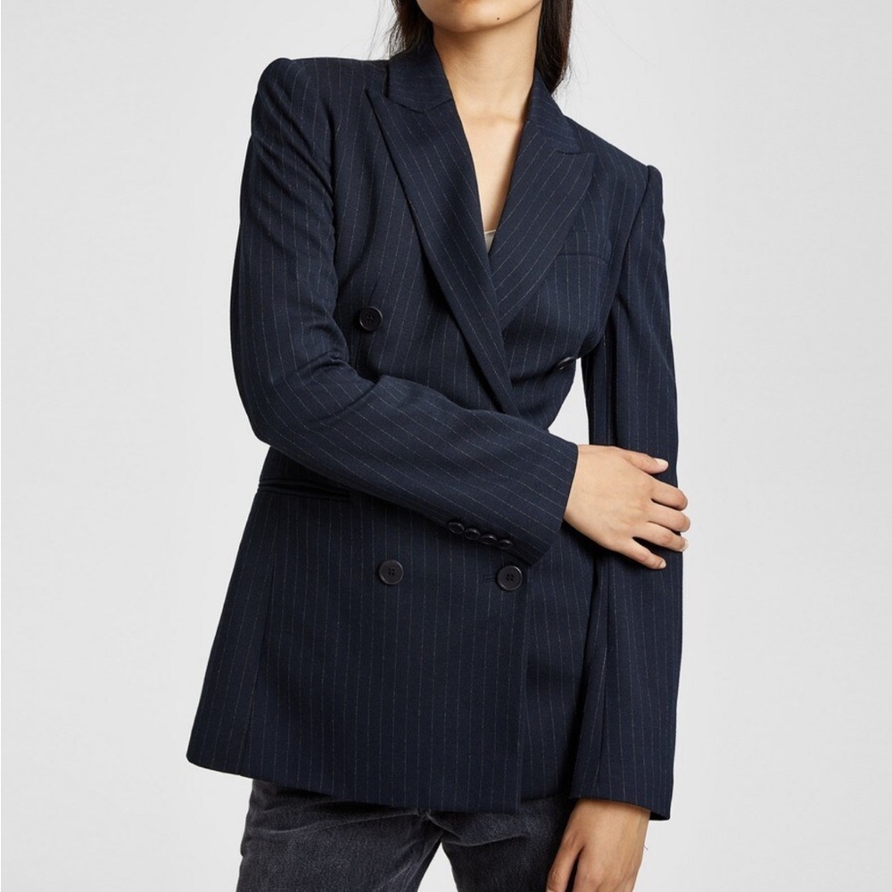 🌟THEORY🌟 KNIT POWER PINSTRIPE JACKET DOUBLE BREASTED BLAZER NAVY SZ 00